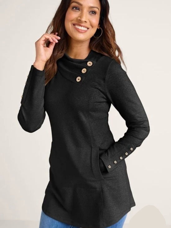 Soft Surroundings Sweaters - Soft Surroundings Brinley French Terry Tunic Black Cowl Neck Buttons Size S New